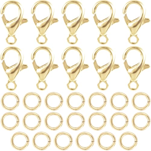 30pcs Lobster Claw Clasps & Jump Rings, 14K Gold Plated Metal Lobster Clasps, Jump Rings Jewelry Finding Kit for Necklace Bracelet Jewelry Making - color: 14K Gold-30pcs