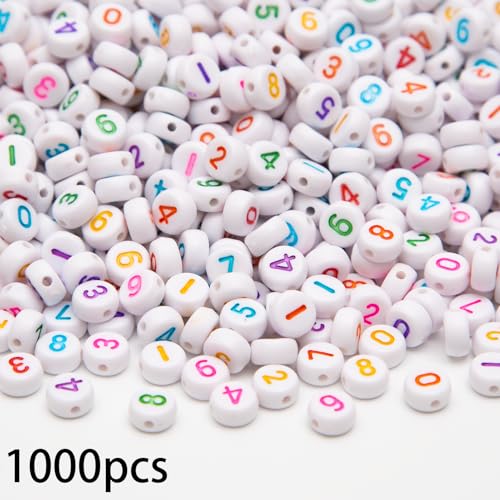 1000Pcs Acrylic Number Beads Round Number Round Beads 4x7mm Mixed Number Beads, for Jewelry Bracelets Necklaces Key Chains Making (White Colorful) - color: White Colorful