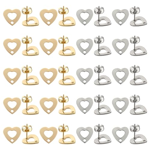 SUNNYCLUE 40Pcs Real 24K Gold Plated Heart Earring Findings with Hole Studs for DIY Dangle Earrings Craft - color: 20Pairs Real 24K Gold Plated & Stainless Steel Heart Earrings Post