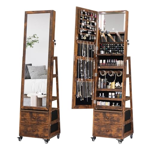 Rotating Jewelry Cabinet with Vanity Mirror,Full Length Mirror with Storage Jewelry Armoire Lockable Jewelry Organizer Standing Mirror with Drawers Wheels Christmas Gift for Girl Rustic Brown - color: Rustic Brown, size: 63*16+No LED Lights