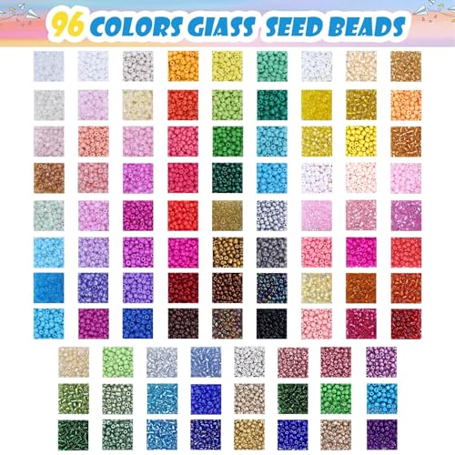 EFIVS ARTS Seed Beads 96 Colors 4MM Small Beads Kit Tiny Bracelet Waist Beads Set with Pendant Charms Letter Beads Kit for Concert Bracelets DIY Making - color: 96 Colors