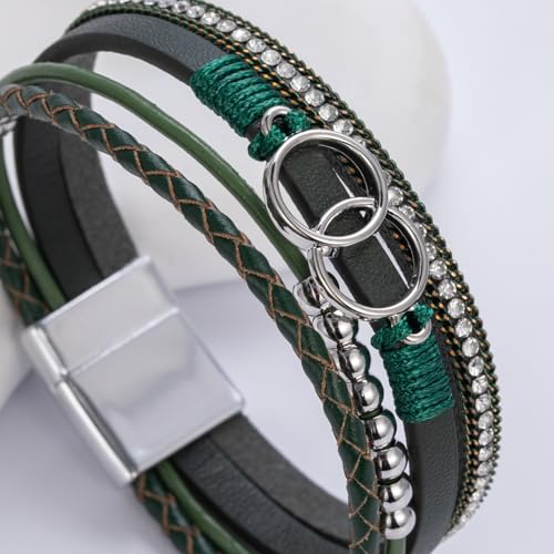 FANCY SHINY Mothers Day Gifts Boho Leather Wrap Bracelet Stackable Infinity Chunky Cuff Bracelets Western Hippie Outfits Jewelry Valentine Gifts for Women - color: Olive Green