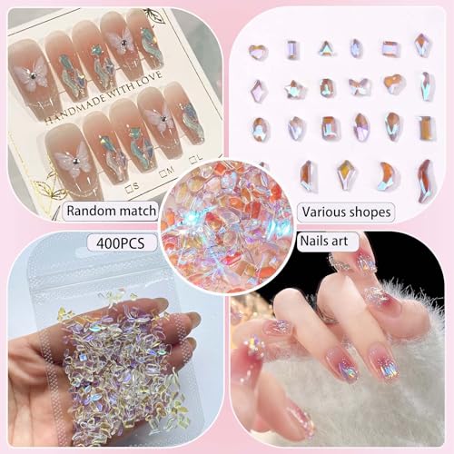 400Pcs Aurora Nail Art Rhinestones Mixed Shape Resin Crystal Nail Charms Iridescent Shapes Clear Nude Flatback Nail Art Charm Rhombus Heart Flower Butterfly Nail Diamonds for 3D DIY Nails Art Crafts - color: Transparent