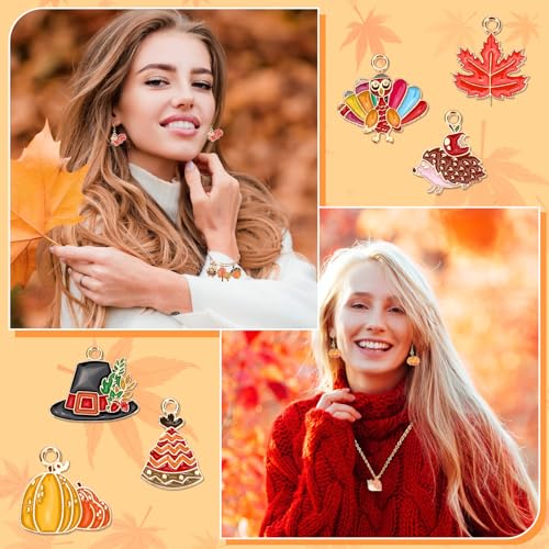 MARFOREVER 40Pcs/20 Pairs Fall Charms, Thanksgiving Charm for Jewelry Making, Autumn Pumpkin Maple Leaf Turkey Enamel Pendants for Bracelet Necklace Earrings Making Accessories - style: Fall