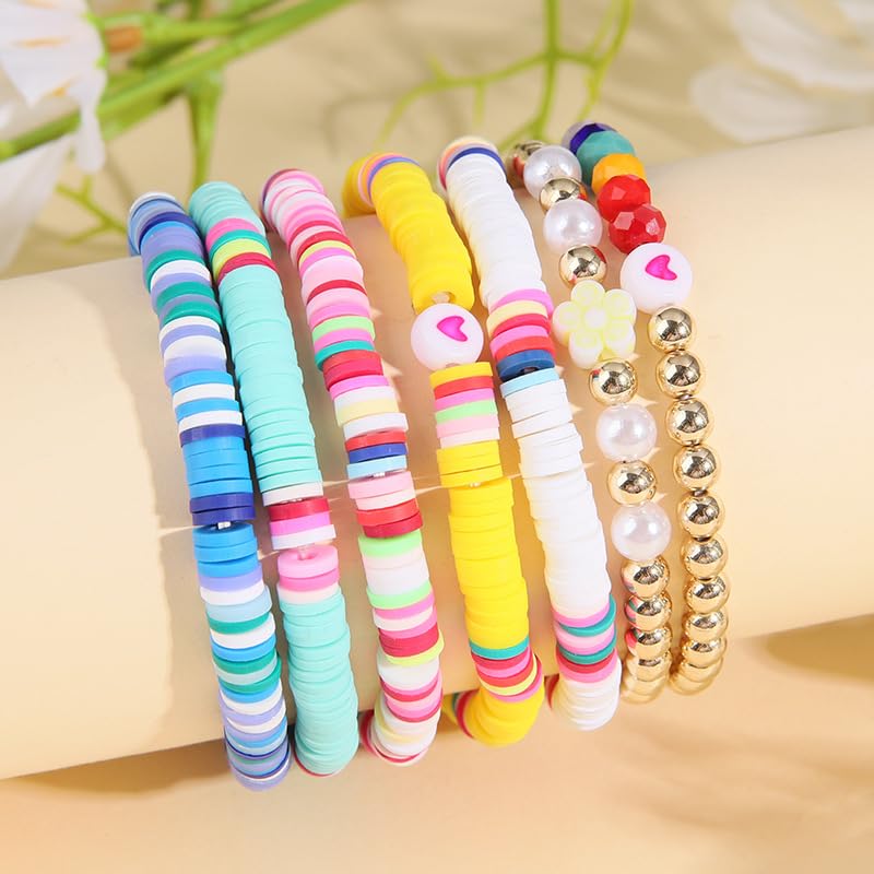 COLORFUL BLING 5-12Pcs Bohemian Love Heart Bead Bracelets for Women Vinyl Disc Heishi Surfer Stackable Stretch Bracelet Summer Beach Boho Jewelry - color: 7pcs half colorful