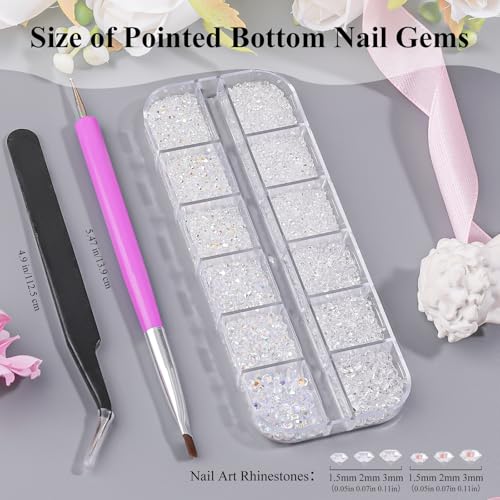 6800Pcs White AB Resin Rhinestones, 1.5mm 2mm 3mm Pointed Bottom Crystals Stones Diamonds Nail Gems Bedazzler Kit with Pickup Tools for Nails Face Eyes Makeup Tumblers Crafts (25-K1-pointed-white) - color: 25-K1-pointed-white