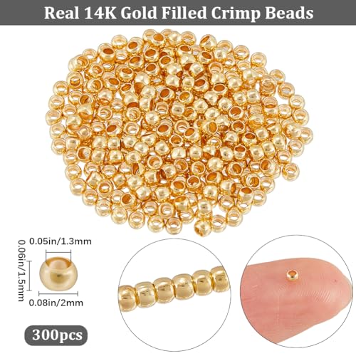 Beebeecraft 300Pcs 2mm 14K Gold Filled Brass Crimp Beads Positioning Spacer Beads Metal Rondelle Loose Beads with Storage Box for DIY Necklace Bracelets Anklets Making - size: 2mm