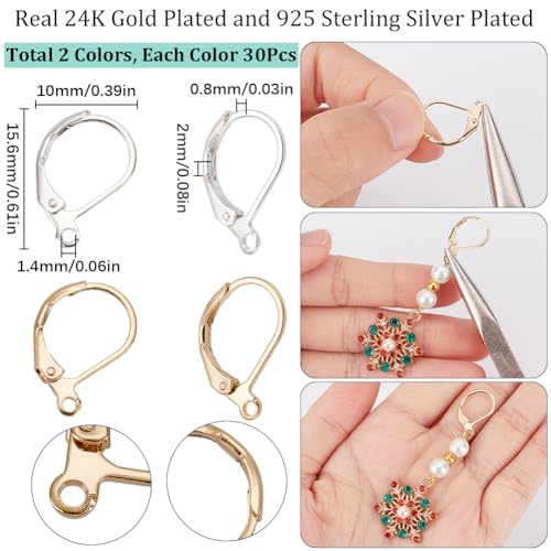 SUNNYCLUE 1 Box 60Pcs Real 18k Gold Plated & 925 Sterling Silver Plated Leverback Earring Findings Lever Back Hooks Frech Leverback Earwires Leverback Earring Hooks for Jewelry Making Accessories DIY - color: 1 Box 60pcs Real 18k Gold Plated & 925 Sterlin