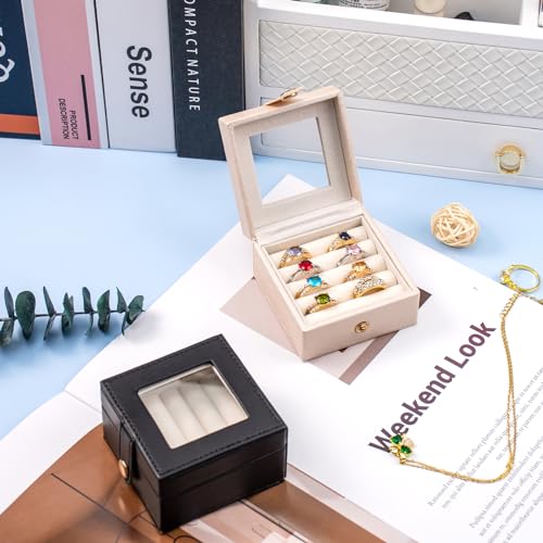 Small Leather Jewelry Box with Glass Top Mini Ring Display Case with 8 Slots for Selling Gift for Girls and Women (Pearl White) - color: PearlWhite