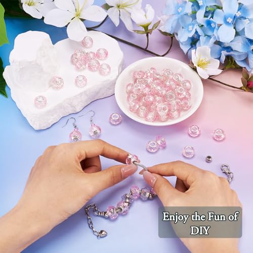 100pcs 14mm Large Hole Faceted Glass Crystal Pink European Crystal Spacer Beads for Valentine's Day Jewelry Making - color: Pink