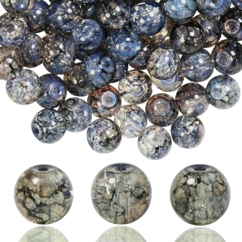 100Pcs 10mm Crackle Glass Beads for Jewelry Making - Round Spacer Crystal Beads Bulk, DIY Craft Supplies for Necklace Bracelet Earrings (Gray Black) - color: Grey Black