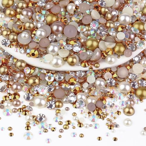 60g Mix Pearls and Rhinestones, Half Pearls and Rhinestones for Crafts Tumblers Shoes Nails Face Art, 2mm-10mm Mixed Sizes, Champagne Gold Blend - color: Champagne Gold Blend | Mix Champagne | Gold | Ivory