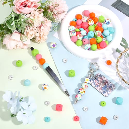 1 Box 97PCS Silicone Beads Kit Focal Round Hexagon Rondelle Rhinestone Assorted Pink Orange Green Spacer Loose Bead Charm Bulk for Jewelry Making Necklace Bracelet Keychain Diy Craft Supply