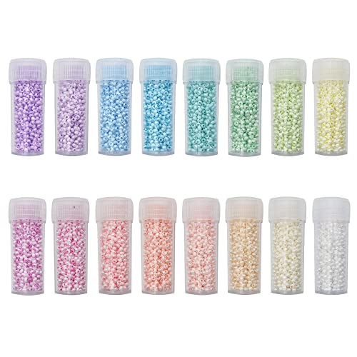 INSPIRELLE Size Almost Uniform 80 Gram 12/0 (2mm) Glass Round Seed Beads for Craft Jewelry Making, 16 Opaque AB Pastel Colors - color: 16x Opaque AB Pastel Colors