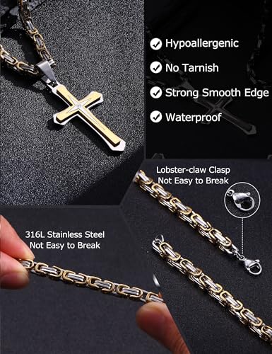 LOLIAS Black 14K Gold Plated 𝐂𝐫𝐨𝐬𝐬 𝐍𝐞𝐜𝐤𝐥𝐚𝐜𝐞 for Men Stainless Steel 𝐁𝐲𝐳𝐚𝐧𝐭𝐢𝐧𝐞 Chain With Cross Pendant Necklace 𝐌𝐞𝐧𝐬 𝐆𝐢𝐟𝐭 22-30Inch - color: Gold plated necklace with pendant, size: 30IN