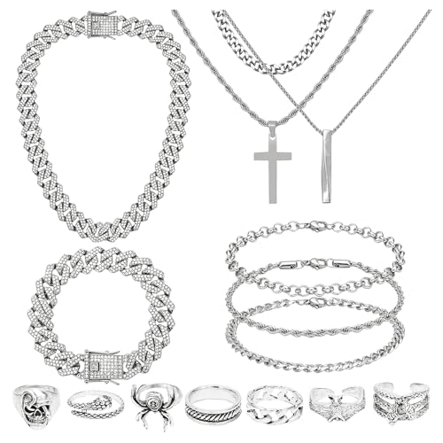 NEWITIN 15 Pieces Silver Jewelry Set for Men Stainless Steel Cuban Link Necklace Bracelet Cross Pendant Necklace Vintage Ring Cuban Jewelry Set for Men Women - color: Silver Jewelry Set