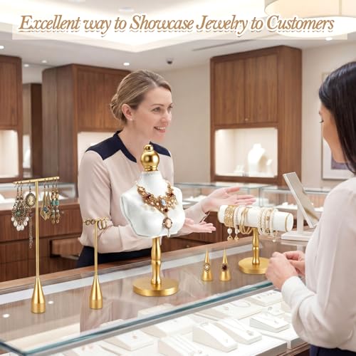 AceOrbit 6 Pcs Jewelry Display Set, Velvet Jewelry Mannequin Display, T-bar Bracelet Holder, Earring and Ring Finger Stand