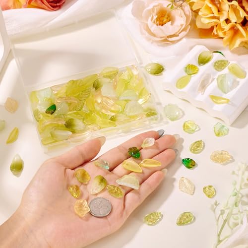 Beadthoven 136pcs Fall Leaf Beads Yellow Green Glass Crystal Small Tree Leaf Bead Charm Thanksgiving Day Transparent Fall Autumn Leaves Craft Spacers for DIY Jewelry Making Bracelet Hair Accessory - color: Yellow Green