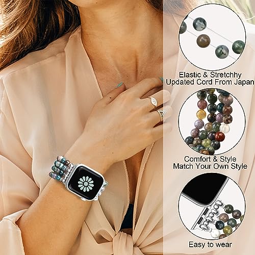 Newlibery Natural Stone Bracelet Beaded-Band Women Compatible with Apple Watch 42mm(S3/2/1) 44/45/46/49mm Feminine Handmade Stretch Strap for iWatch Series 11/10/9/8/7/6/5/4/3/2/1 SE 3/2/1 Ultra1/2/3 - color: A1 Indian Agate, size: 46(S10/11)/49/45/44/42m