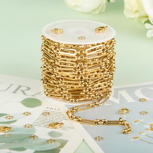 KYUNHOO 13 Feet Stainless Steel Chain for Jewelry Making 4MM Wide Paperclip Chains Small Circle Link Chain Gold Jewelry Making Chains with Lobster Clasps and Jump Rings - color: Paperclip Gold