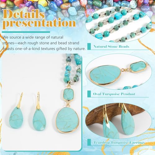 2 Pcs Boho Lapis Lazuli Jewelry Set for Women - Handmade Natural Stone Beaded Long Necklace with Oval Lapis Lazuli Pendant & Trapezoid Lapis Lazuli Earrings | Vintage Elegance | Ideal Gift for Her - style: Turquoise Pendant