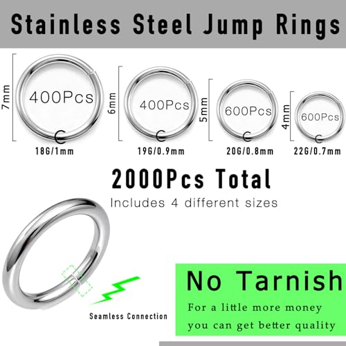 2000 PCs No Tarnish Stainless Steel Jump Rings for Jewelry Making, 4 Sizes 4-7mm, 20 Gauge Thickness, Silver (Mixed Size) - color: Mixed Size