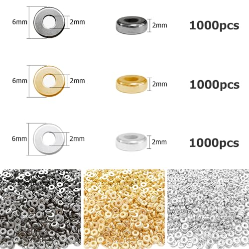 6mm Flat Round Spacer Beads, Clay Beads for Bracelets Making Kit, Heishi Polymer Flat Disc Spacer Beads for Jewelry Making, Clay Beads for Jewelry Making Gold Beads Silver (3000pcs) - color: 3000pcs