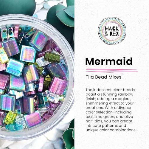 Mack and Rex Tila Bead Mixes (Mermaid) – Quarter Tila – Includes Purple, Turquoise, and Iridescent Clear Tila Beads with a Rainbow Finish, Teal and Lime Green and Olive - color: Mermaid, size: 10 Gram Bag