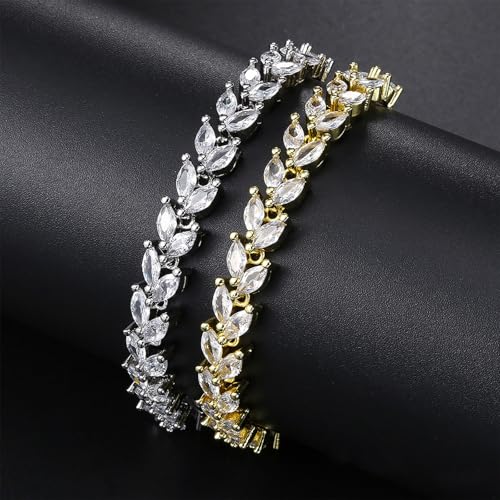 3PCS Tennis Bracelets for Women Set - Stackable Gold & Silver Plated Brass - Round & Marquise Cubic Zirconia - Adjustable & Foldover Clasp - Elegant Jewelry Gift for Her, Mom, Wife, Girlfriend - color: Gold - 3PCS Bracelet Set