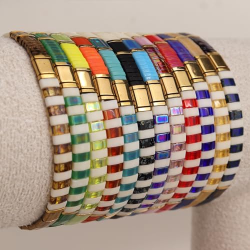 Tila Beaded Stretch Strand Bracelets for Women, Cute Boho Stackable Handmade Colorful Mixed Flat Square Beads Elastic Beach Surfer Bracelet Trendy Jewelry Friend Gift - color: 0901L