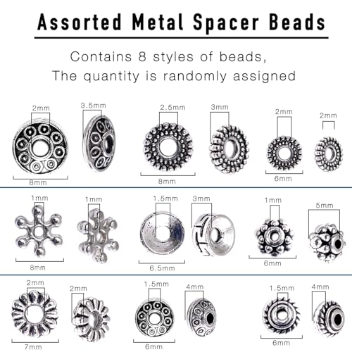 460Pcs Antique Silver Spacer Beads for Jewelry Making, Small Metal Flat Flower Beads, Bracelet, Necklace, Earring Findings & Supplies (460)