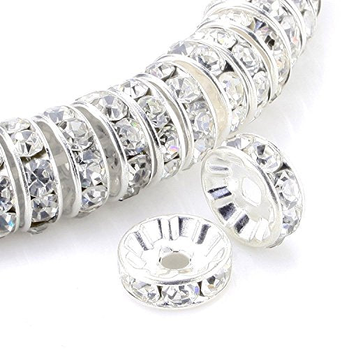 Allb 100Pcs Rondelle Spacer Beads 6mm Silver Plated Czech Crystal Rhinestone for Jewelry Making Loose Beads for Bracelets - color: silver, size: 6mm