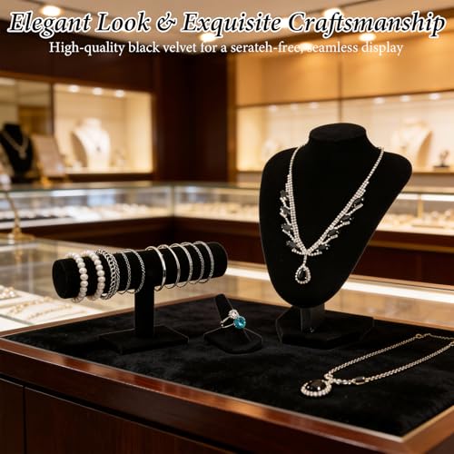 4 Pcs Velvet Jewelry Display Set Velvet Necklace Bust Holder Bracelet Organizer Ring Finger Jewelry Holder Organizer for Vendors Selling Trade Show Retail Home Decor (Black)
