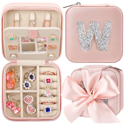 CHMI Travel Must Have Jewelry Case,bridesmaids proposal gifts,Travel Jewelry Case,Graduation Gifts for Her,Small Jewelry Organizer Box,Birthday Gifts for Women Initial pink W - color: Champagne Pink, size: W