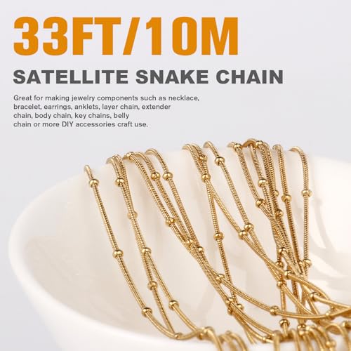 33 Feet Gold Snake Chains Roll, 1mm 18K Gold PVD Plated 304 Stainless Steel Round Satellite Snake Chain Bulk Spool for Jewelry Making DIY Craft - color: Small Beads Gold Satellite Snake Chains