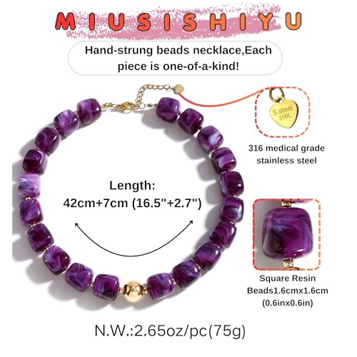 Chunky Necklaces for Women, Trendy Colorful Square Acrylic Resin Beads Statement Choker Necklace, Lightweight Boho Summer Beach Vacation Jewelry - color: Amethyst color