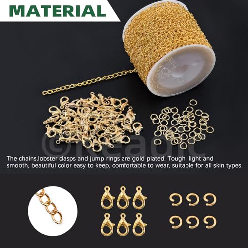 Keadic 102Pcs 30 Feet Jewelry Making Chains Kit W 3mm Metal Necklace Twisted Links Chain, Lobster Clasps, Open Jump Rings and Jewelry Pliers for Bracelet Earring Anklet DIY (Gold) - color: Gold