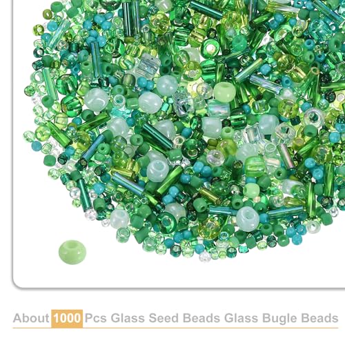 uxcell 1000 Pcs Mixed Glass Seed Beads, 1-4mm Mini Loose Glass Bugle Beads for DIY Earrings, Necklaces, Bracelets, Jewelry Making, Green - color: Green, size: Small to Medium