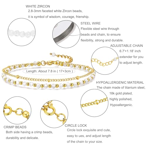 Peridot Stand Silver Gold Bracelets, Handmade Birthstone Stack Bracelet Crystal Gemstones Bead Chain Gift for Women, 8" - color: White Zircon