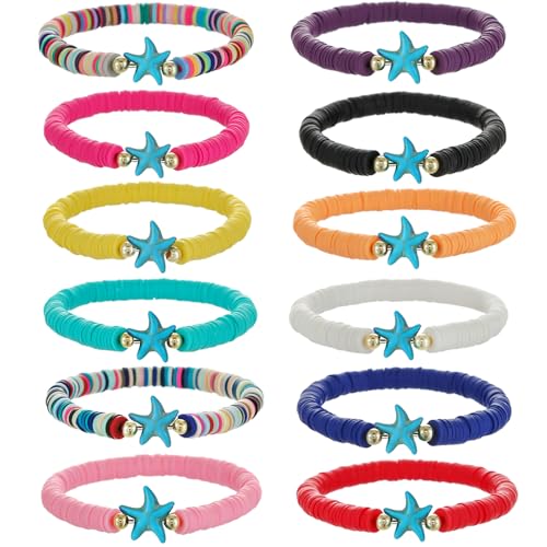 12pcs Friendship Bracelets Beaded Bracelets Heishi Bracelet Cute Bracelets Stack Vinyl Clay Disc Bead Surfer Stretch Summer Beach Bracelets For Women Preppy Bracelets - color: Q