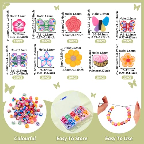 200Pcs Butterfly Flower Polymer Clay Beads Colorful Floral Butterfly Clay Beads for DIY Bracelet Necklace Earring Jewelry Making