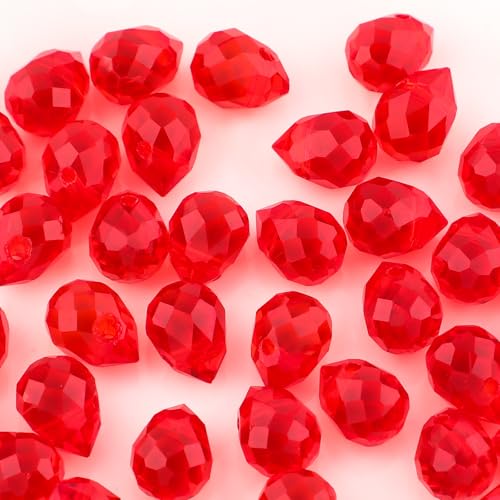 100pcs Ruby Red Faceted Crystal Glass Beads 8x10mm, Shiny Teardrop Glass Beads for Jewelry Making, Crystal Beads for Bracelet Necklace Earring DIY Craft - color: Ruby Red