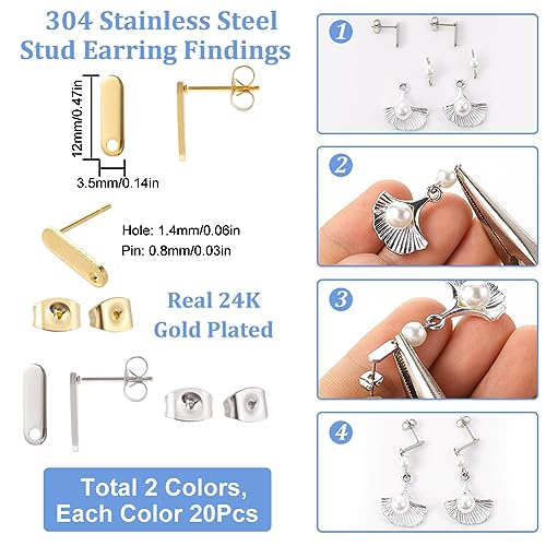 SUNNYCLUE 1 Box 40Pcs 24K Gold Plated Earring Findings Earring Stud with Hole Stainless Steel Ear Posts Retangle Ear Post and Backs for Jewelry Making Accessories DIY Crafts - color: 20pairs 24k Gold Plated & Stainless Steel Earring Findings