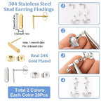 SUNNYCLUE 1 Box 40Pcs 24K Gold Plated Earring Findings Earring Stud with Hole Stainless Steel Ear Posts Retangle Ear Post and Backs for Jewelry Making Accessories DIY Crafts - color: 20pairs 24k Gold Plated & Stainless Steel Earring Findings
