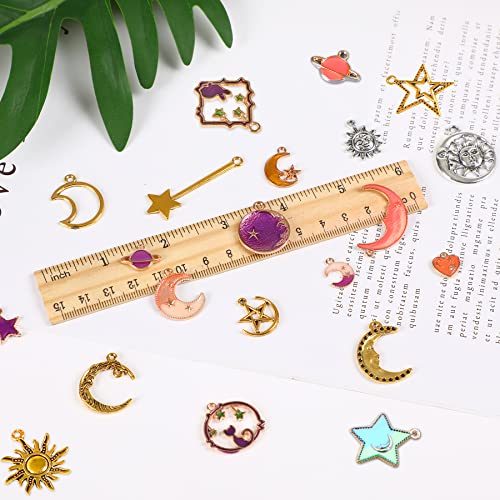 SANNIX 120Pcs Mixed Sun Star Moon Charms Jewelry Making Gold Enamel Charm Pendants for DIY Necklace Bracelet Making Supplies