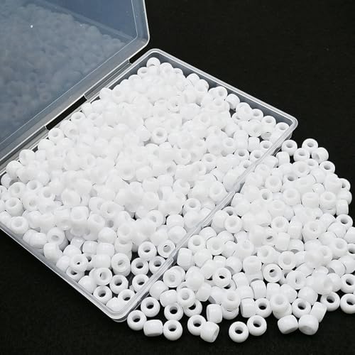 Amaney White Pony Beads with Storage Box 6x9mm Acrylic Beads 500pcs for Hair Braids Jewelry Making - color: White