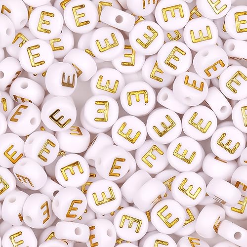 300Pcs Letter Beads E 4X7mm Gold Alphabet Beads Acrylic Round Shape Loose Beads for Name Bracelets Necklaces Key Chains DIY Jewelry Making (E) - color: Gold, size: E
