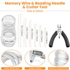 100 Loops Silver Memory Beading Wire with Cutter Tool and 6 Size Beading Needles for Jewelry Making, DIY Bracelet Necklace Ring Earring Craft, Solve Bead Stringing and Cutting Problem