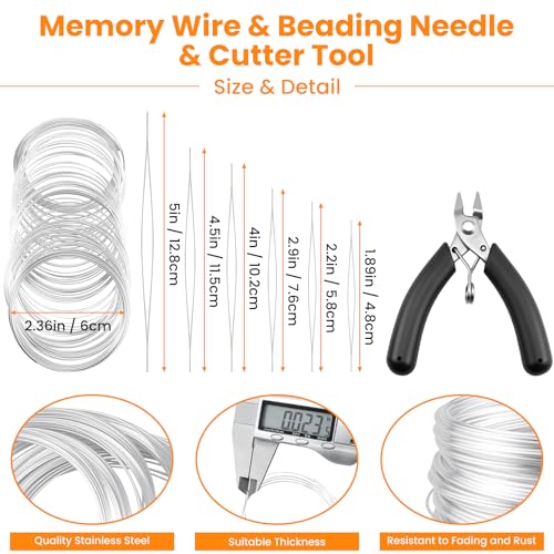 100 Loops Silver Memory Beading Wire with Cutter Tool and 6 Size Beading Needles for Jewelry Making, DIY Bracelet Necklace Ring Earring Craft, Solve Bead Stringing and Cutting Problem
