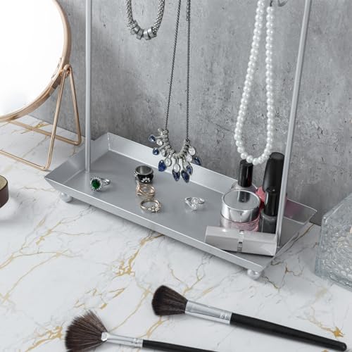 MyGift Silver Tone Metal Jewelry Stand Necklace Display Organizer with 20 Hooks and Ring Tray - color: Silver
